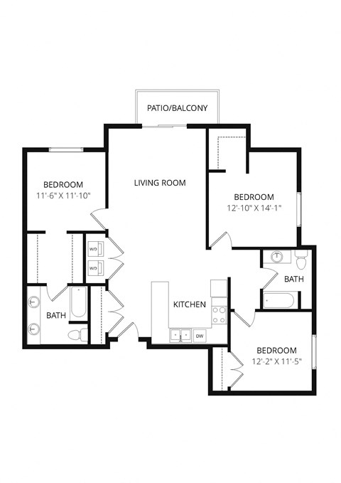 Floor plan for 3 beds, 2 baths, 1326 sqft